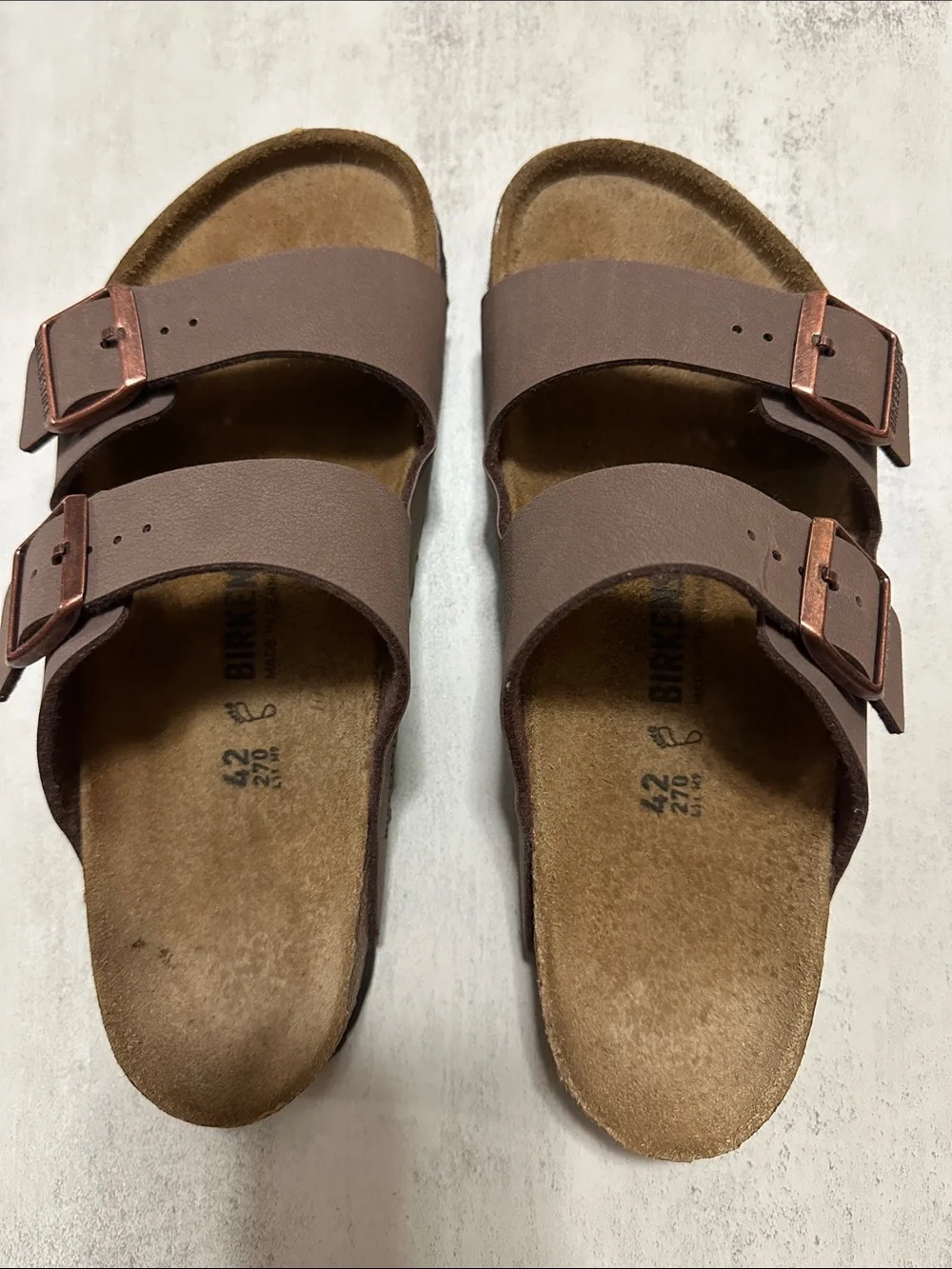 Birkenstock Men's Slide Sandals in Dark Brown (Mocha) with Copper Buckles